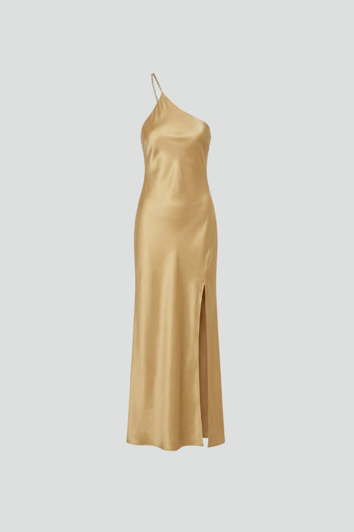 Women's Floor Length Evening Gown | Asymmetric Neckline Sleeveless Maxi Slit