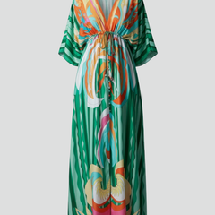 Women's Maxi Dress | V Neckline Batwing Sleeves Tie Waist