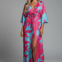 Women's Maxi Dress | V Neckline Batwing Sleeves Tie Waist
