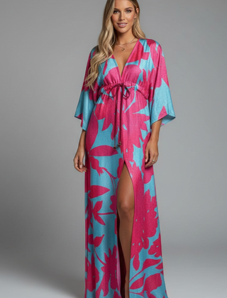 Women's Maxi Dress | V Neckline Batwing Sleeves Tie Waist