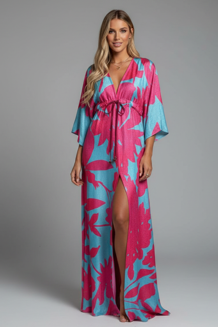 Women's Maxi Dress | V Neckline Batwing Sleeves Tie Waist