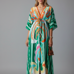 Women's Maxi Dress | V Neckline Batwing Sleeves Tie Waist