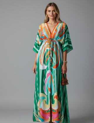 Women's Maxi Dress | V Neckline Batwing Sleeves Tie Waist