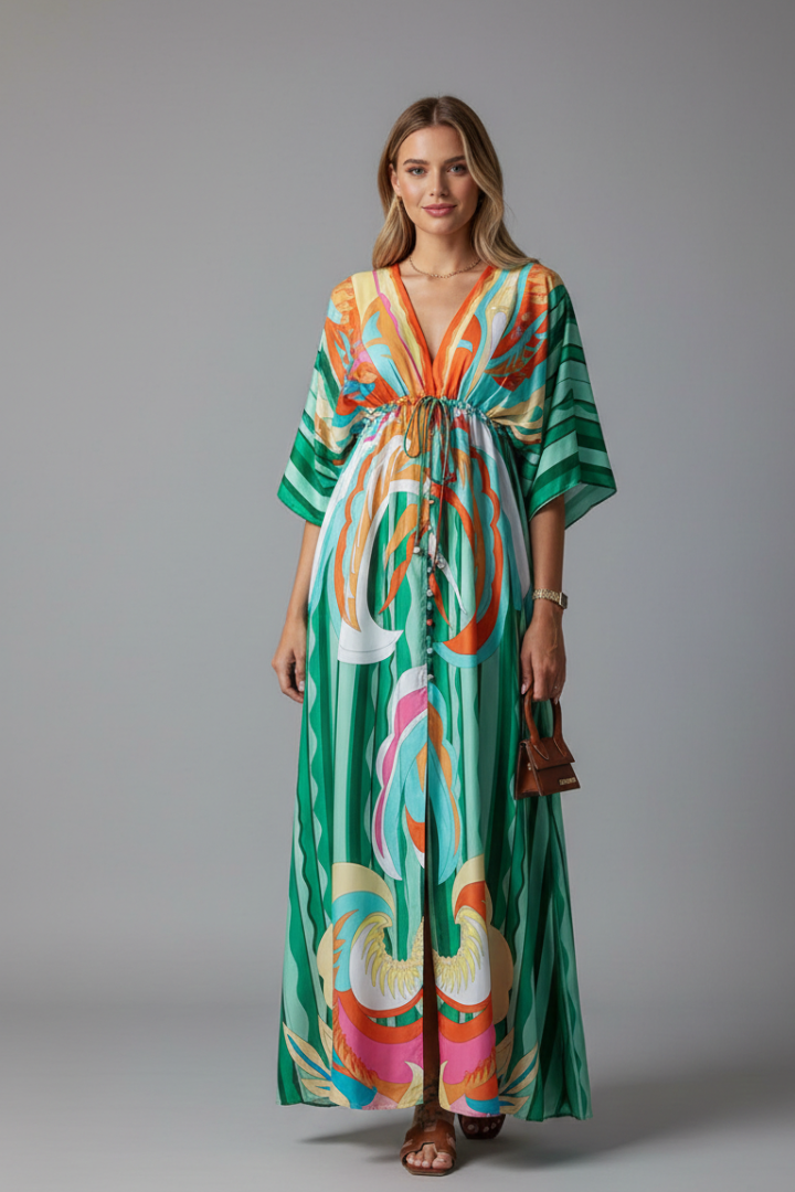 Women's Maxi Dress | V Neckline Batwing Sleeves Tie Waist