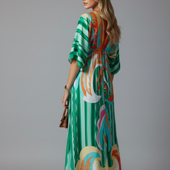 Women's Maxi Dress | V Neckline Batwing Sleeves Tie Waist