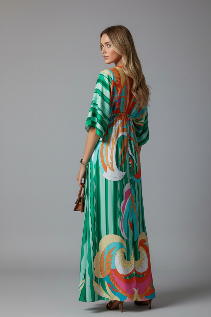 Women's Maxi Dress | V Neckline Batwing Sleeves Tie Waist