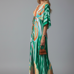 Women's Maxi Dress | V Neckline Batwing Sleeves Tie Waist
