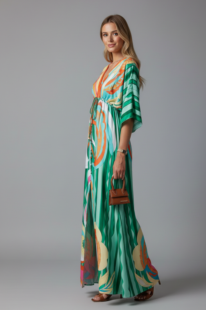 Women's Maxi Dress | V Neckline Batwing Sleeves Tie Waist