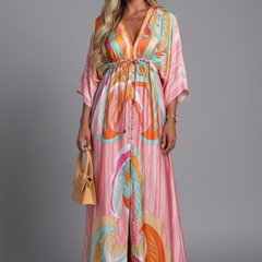 Women's Maxi Dress | V Neckline Batwing Sleeves Tie Waist