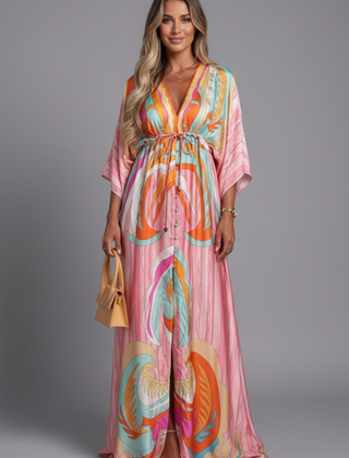 Women's Maxi Dress | V Neckline Batwing Sleeves Tie Waist