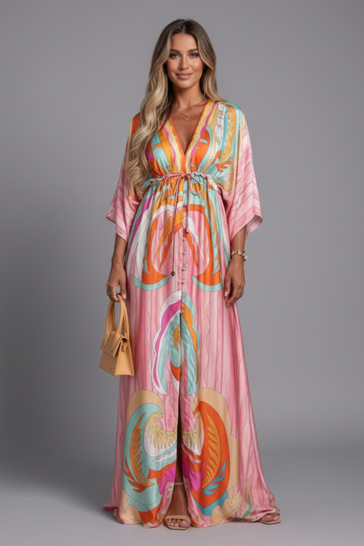 Women's Maxi Dress | V Neckline Batwing Sleeves Tie Waist