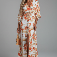 Women's Maxi Dress | V Neckline Batwing Sleeves Tie Waist