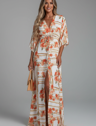 Women's Maxi Dress | V Neckline Batwing Sleeves Tie Waist