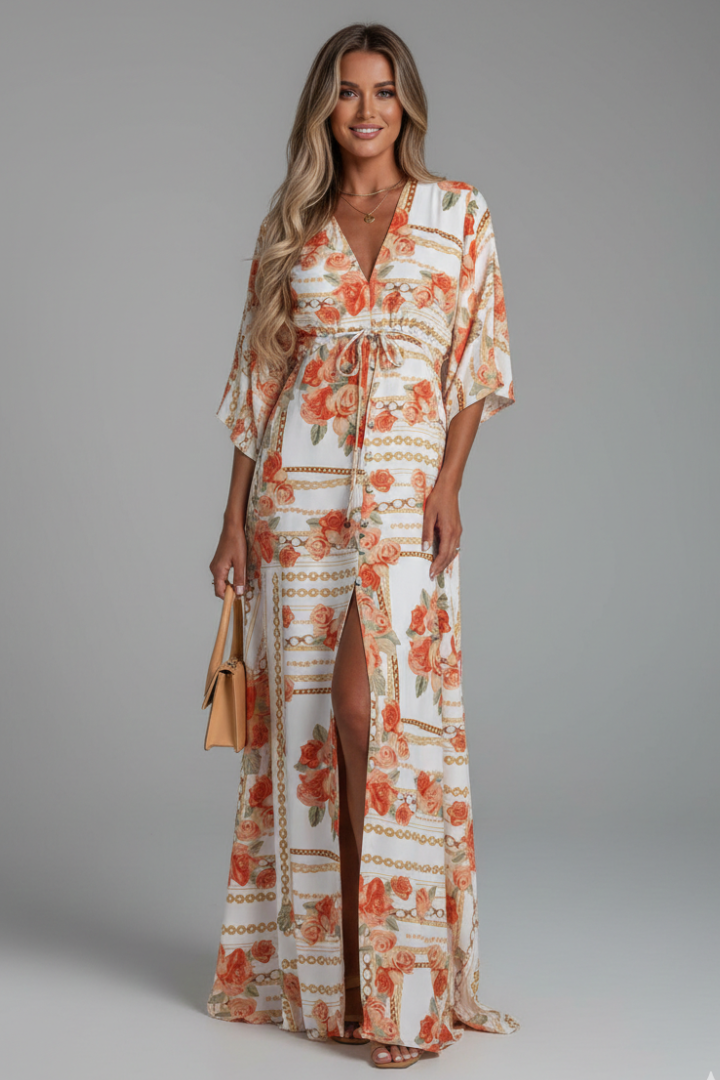 Women's Maxi Dress | V Neckline Batwing Sleeves Tie Waist