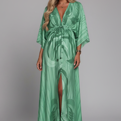Women's Maxi Dress | V Neckline Batwing Sleeves Tie Waist