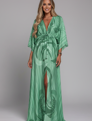 Women's Maxi Dress | V Neckline Batwing Sleeves Tie Waist