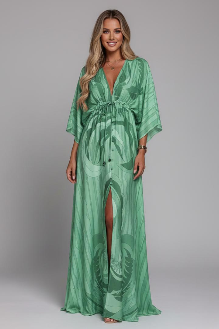 Women's Maxi Dress | V Neckline Batwing Sleeves Tie Waist