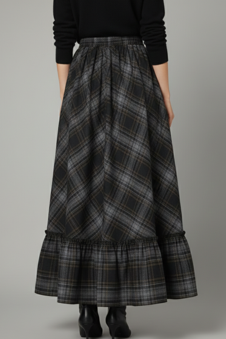 Women's Plaid Skirt | Maxi Length A-Line Silhouette Tiered Hem