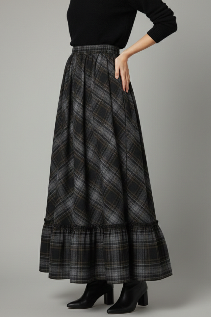Women's Plaid Skirt | Maxi Length A-Line Silhouette Tiered Hem
