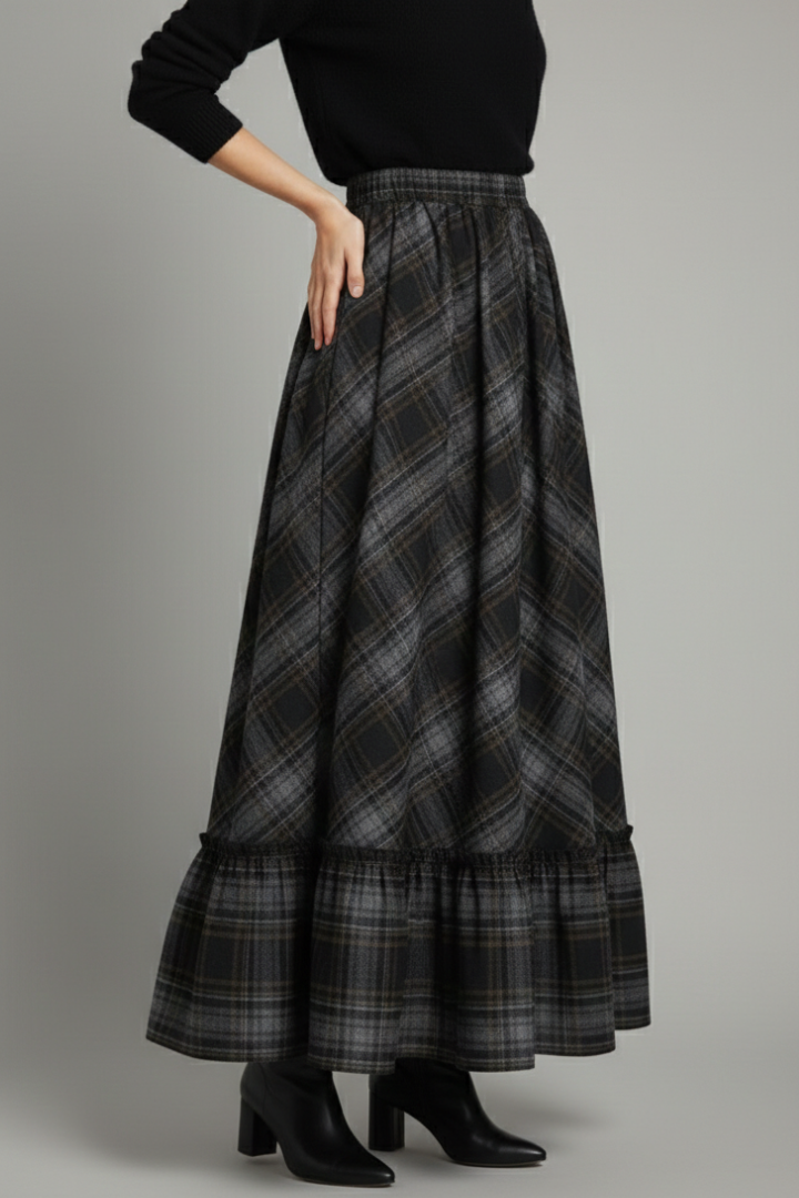 Women's Plaid Skirt | Maxi Length A-Line Silhouette Tiered Hem