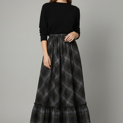 Women's Plaid Skirt | Maxi Length A-Line Silhouette Tiered Hem