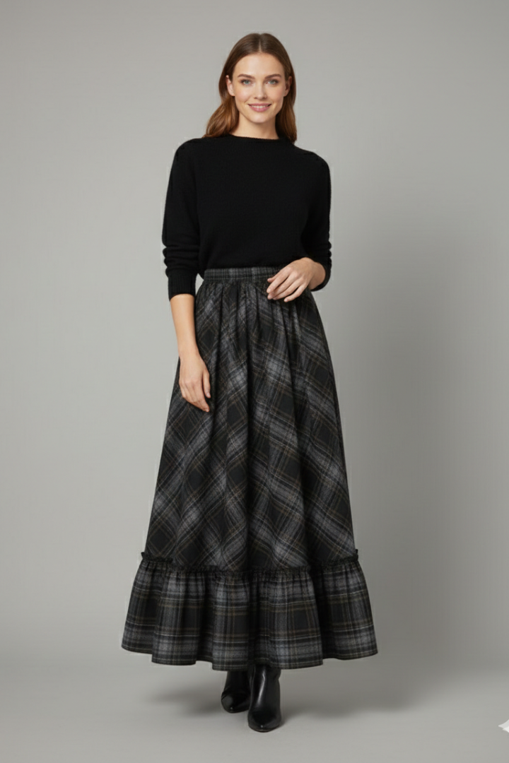 Women's Plaid Skirt | Maxi Length A-Line Silhouette Tiered Hem
