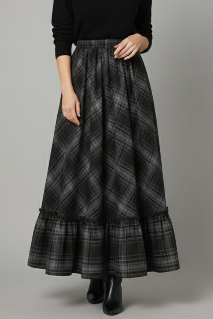 Women's Plaid Skirt | Maxi Length A-Line Silhouette Tiered Hem