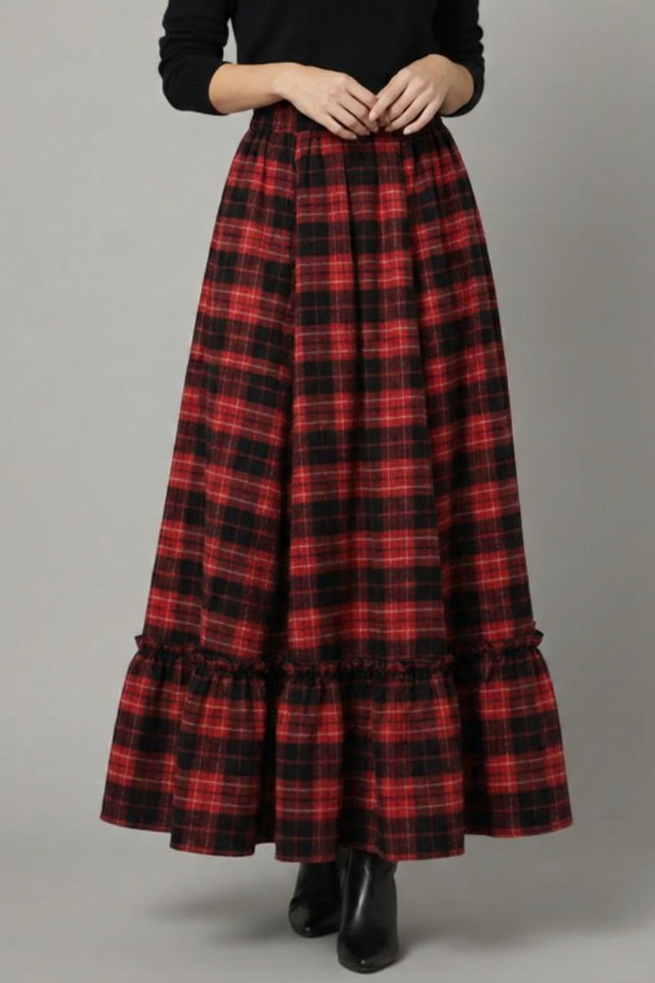 Women's Plaid Skirt | Maxi Length A-Line Silhouette Tiered Hem