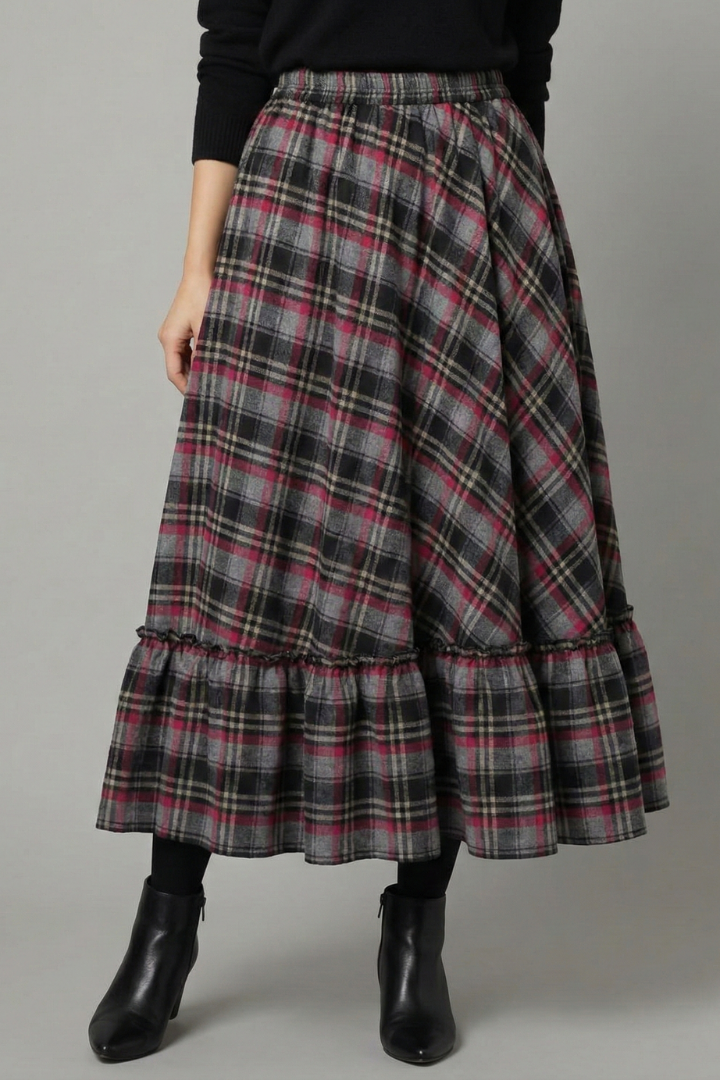 Women's Plaid Skirt | Maxi Length A-Line Silhouette Tiered Hem