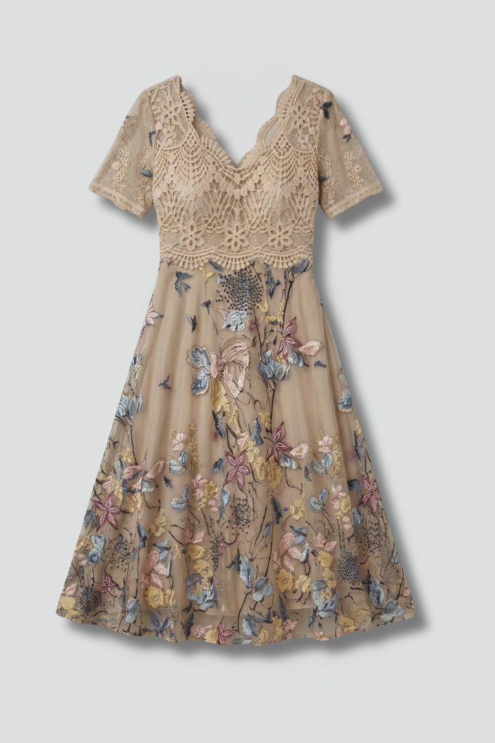 Women's Lace Sundress | Midi Length V Neckline Short Sleeve Floral