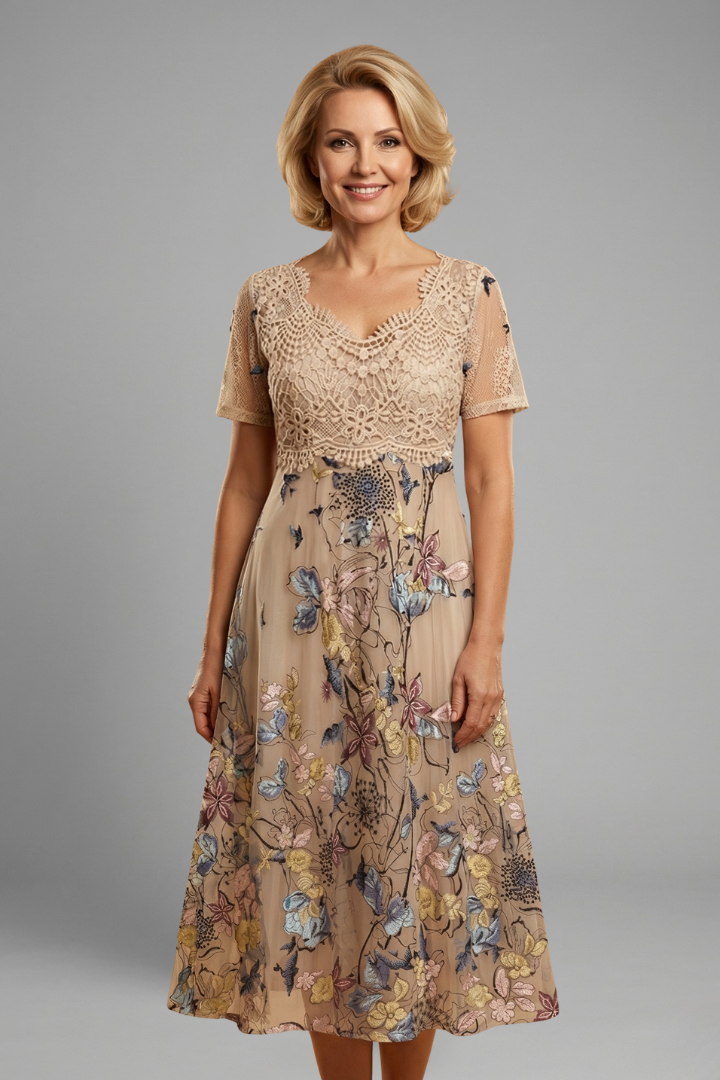 Women's Lace Sundress | Midi Length V Neckline Short Sleeve Floral