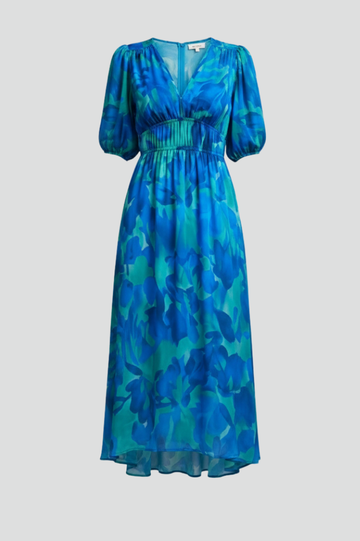 Women's Summer Dress | Midi Length V-Neck Puff Sleeve Floral