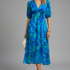 Women's Party Dress | Midi Length V-Neck Puff Sleeve Floral
