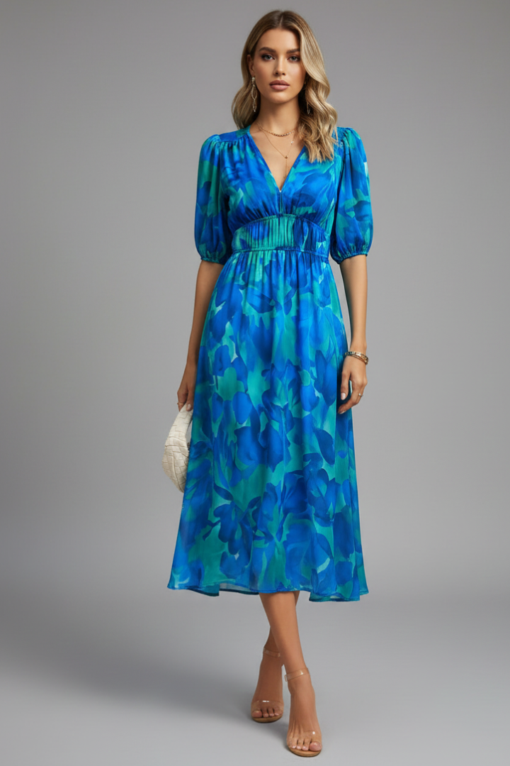Women's Summer Dress | Midi Length V-Neck Puff Sleeve Floral