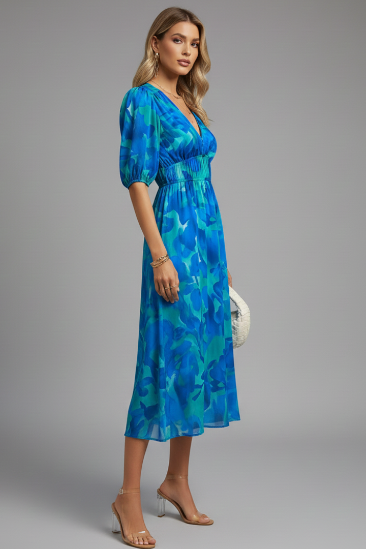 Women's Party Dress | Midi Length V-Neck Puff Sleeve Floral