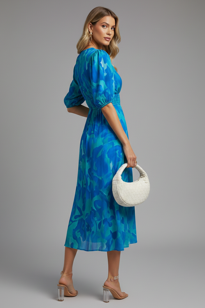 Women's Party Dress | Midi Length V-Neck Puff Sleeve Floral