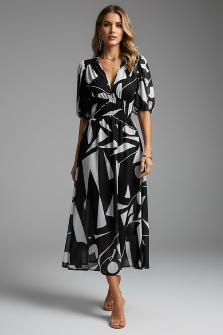 Women's Party Dress | Midi Length V-Neck Puff Sleeve Floral