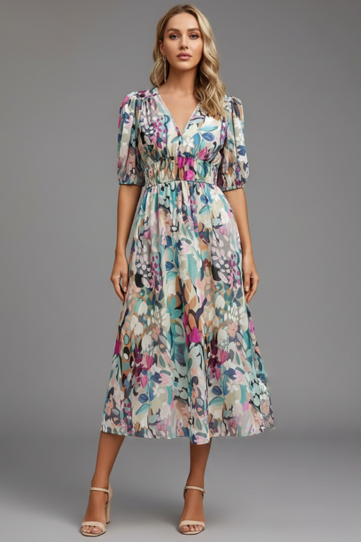 Women's Party Dress | Midi Length V-Neck Puff Sleeve Floral