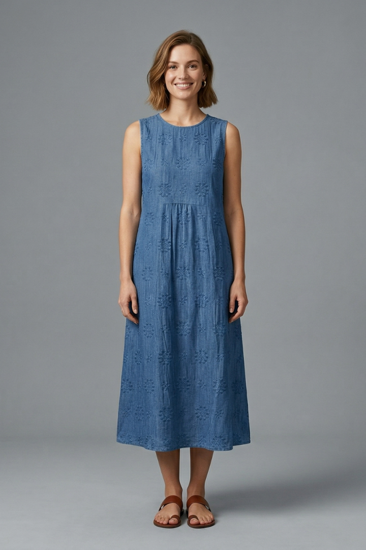Women's Midi Dress | Round Neck Sleeveless Gathered Midi