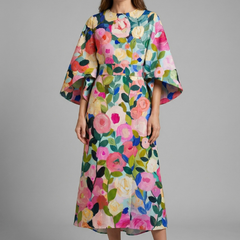 Women's Holiday Dress | Midi Length Round Neck Wide Sleeves Floral