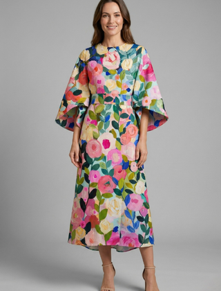 Women's Holiday Dress | Midi Length Round Neck Wide Sleeves Floral