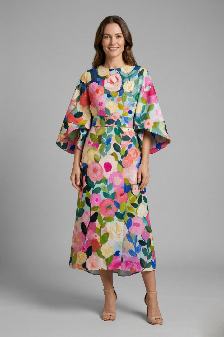 Women's Party Dress | Midi Length Round Neck Wide Sleeves