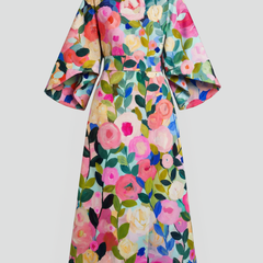 Women's Holiday Dress | Midi Length Round Neck Wide Sleeves Floral