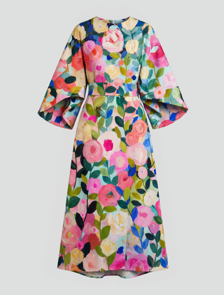 Women's Holiday Dress | Midi Length Round Neck Wide Sleeves Floral