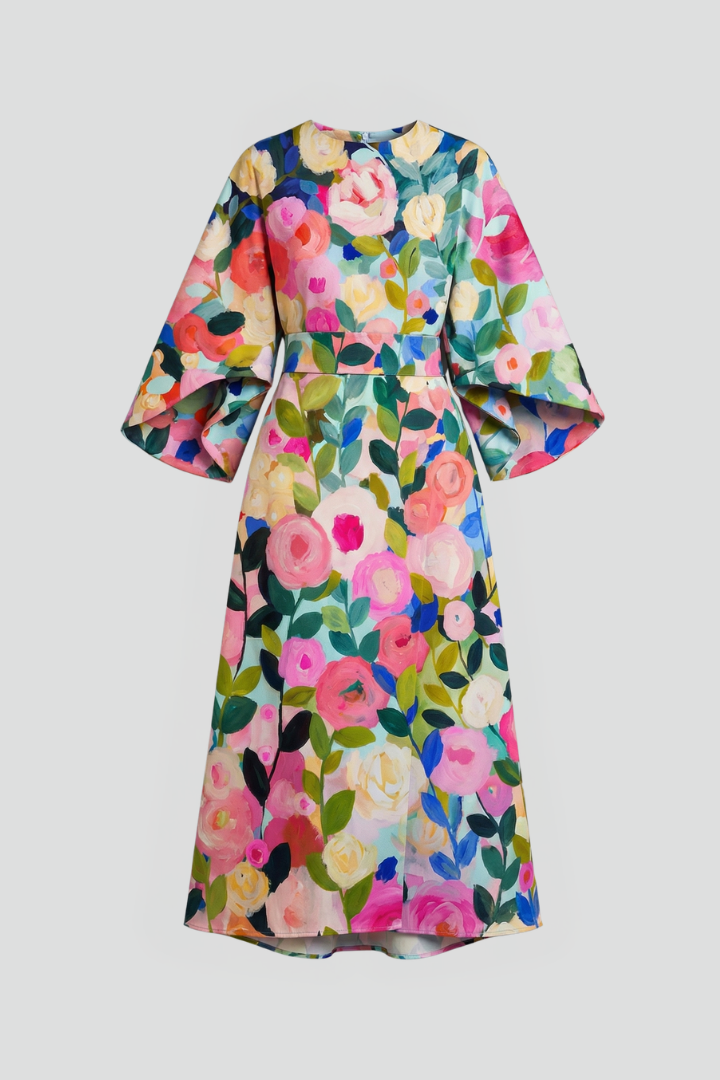 Women's Party Dress | Midi Length Round Neck Wide Sleeves