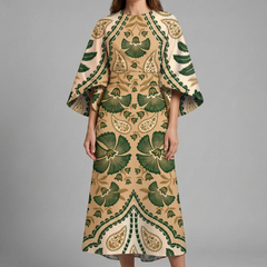 Women's Holiday Dress | Midi Length Round Neck Wide Sleeves Floral