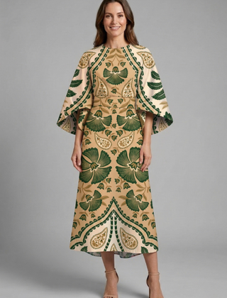 Women's Holiday Dress | Midi Length Round Neck Wide Sleeves Floral