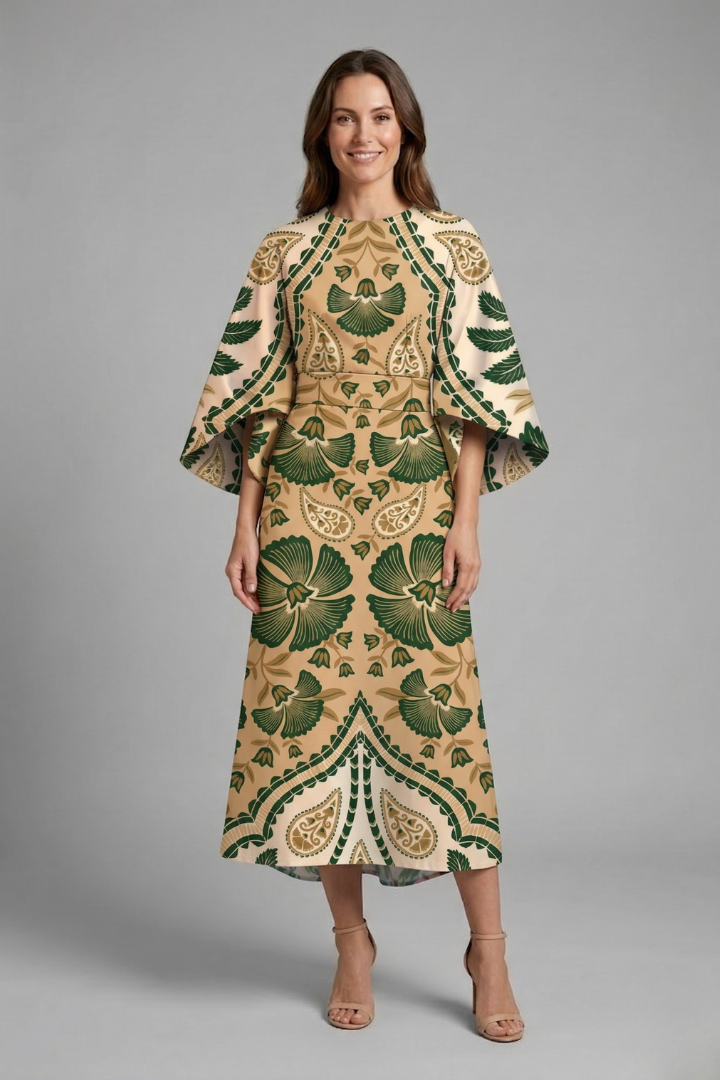 Women's Holiday Dress | Midi Length Round Neck Wide Sleeves Floral