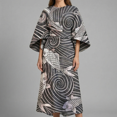 Women's Holiday Dress | Midi Length Round Neck Wide Sleeves Floral
