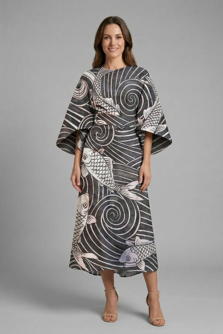 Women's Holiday Dress | Midi Length Round Neck Wide Sleeves Floral